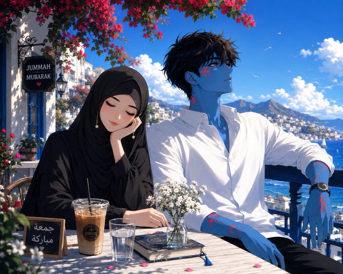 A couple enjoys a beautiful view on "Jummah Mubarak," a phrase visible on a sign and in Arabic script on a small chalkboard. This serene scene complements the post's theme of enjoying Friday and building towards a blessed future, resonating with the #Crypto, #Bitcoin, and #Solana hashtags.