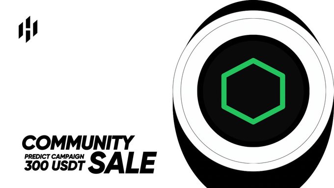 A promotional graphic for Huostarter's Community Predict Campaign featuring a green hexagon logo on a black and white circular design, with text announcing "COMMUNITY PREDICT CAMPAIGN 300 USDT SALE" for the $ORN airdrop.