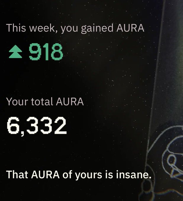A digital dashboard displaying AURA points, showing 'This week, you gained AURA 918' in green and 'Your total AURA 6,332' in white, with the caption 'That AURA of yours is insane.'