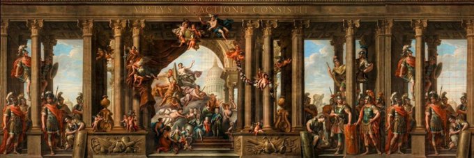 An elaborate classical-style painting depicting numerous figures in an ornate architectural setting with columns and a central dome.