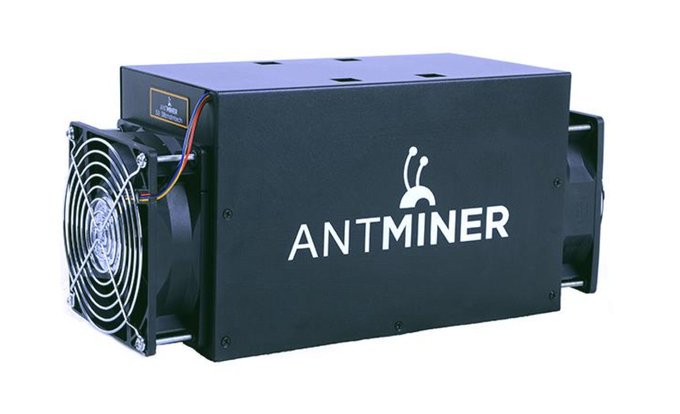 A product photo of a black Antminer cryptocurrency mining rig with a visible cooling fan and the ant logo branding on the side.