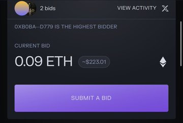 An NFT bidding interface showing 2 bids with the current bid at 0.09 ETH (~$223.01), noting 'OXBOBA-D779 IS THE HIGHEST BIDDER' with a 'SUBMIT A BID' button.
