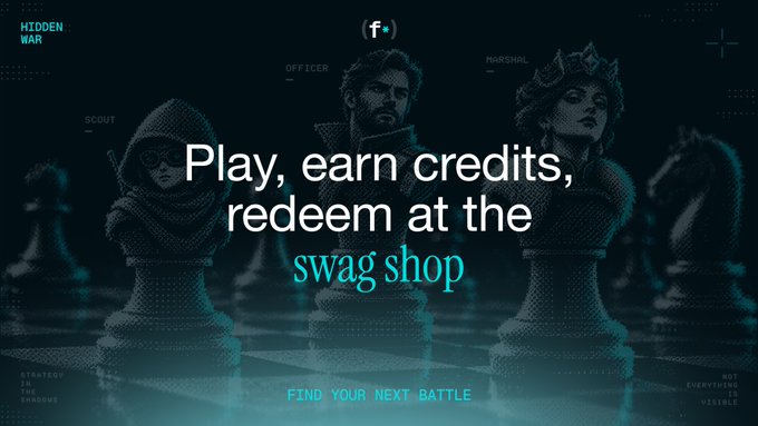 A promotional graphic for "Hidden War" featuring chess piece characters labeled as Scout, Officer, and Marshal, with the text "Play, earn credits, redeem at the swag shop" and "FIND YOUR NEXT BATTLE" displayed alongside the Fluidkey (f) logo.