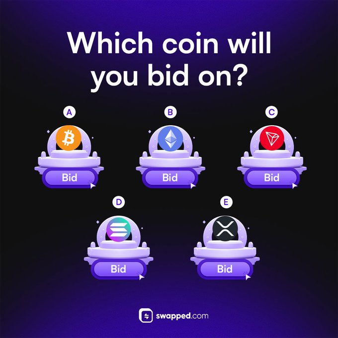 A dark purple graphic from swapped.com asks "Which coin will you bid on?" and displays five bidding options labeled A through E, each featuring a popular cryptocurrency logo—Bitcoin (B), Ethereum (ETH), Tron (TRX), Solana (SOL), and XRP—above purple "Bid" buttons, prompting viewers to choose which crypto they'd use their one allowed bid on.