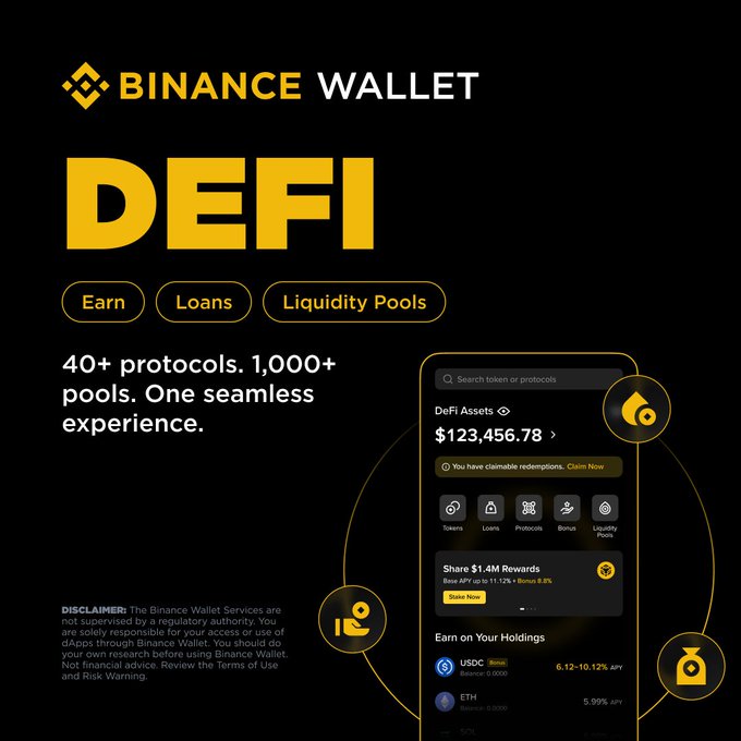 The image features a smartphone displaying an app called "Binance Wallet DeFi" against a black background. The app's main purpose is to provide users with access to various protocols, pools, and liquidity pools for trading digital assets on the Binance blockchain. It also offers the option to earn interest through lending or investing in these pools. The app has been designed to make it easy for users to explore different options and manage their positions efficiently.