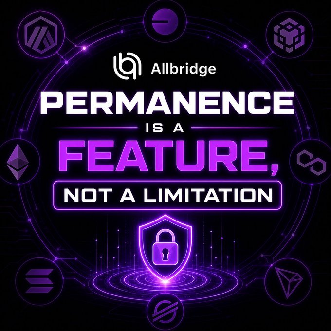An Allbridge promotional graphic with a neon purple and black theme stating 'PERMANENCE IS A FEATURE, NOT A LIMITATION,' featuring a glowing shield-and-padlock icon and various crypto blockchain logos.
