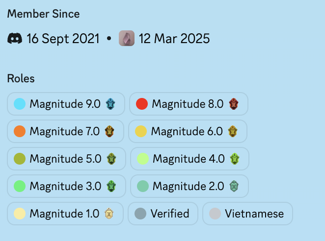 A screenshot of Discord profile information showing 'Member Since' dates (16 Sept 2021 and 12 Mar 2025) and a list of 'Roles' including various 'Magnitude' levels, 'Verified', and 'Vietnamese'.