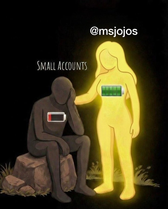 A digital illustration showing a glowing golden female figure with a full green battery console over her chest consoling a slumped gray figure labeled "SMALL ACCOUNTS" with a nearly empty red battery console, watermarked @msjojos.