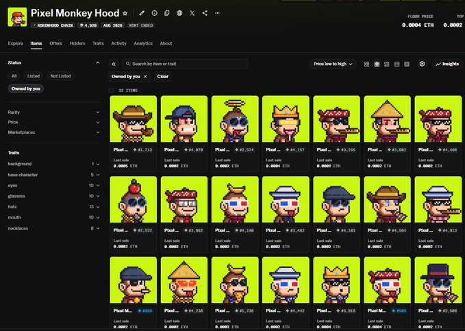 A screenshot of the OpenSea marketplace for the "Pixel Monkey Hood" NFT collection displays 21 pixel-art monkey avatars listed at floor prices of 0.0004 ETH, with individual item prices ranging up to 0.032 ETH. The image supports the post's sentiment about the project's developer enthusiasm and community collaboration, showcasing the variety of unique traits (hats, glasses, backgrounds, mouths) available in the collection despite the low floor price.