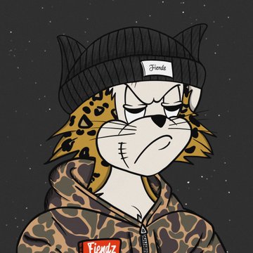An illustrated character of an anthropomorphic cat wearing a camo hoodie, a beanie with horns, and a 'Fiendz' patch.