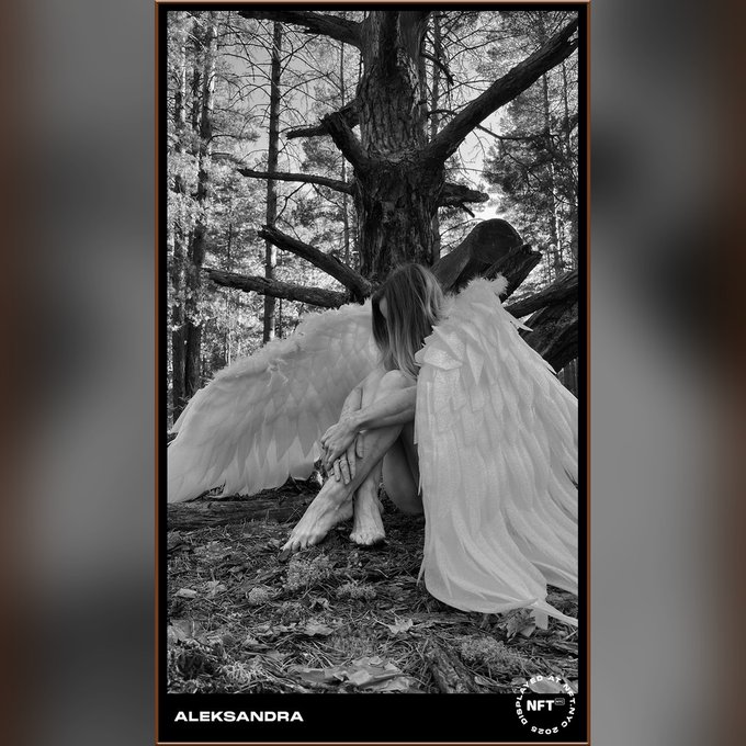 A black-and-white photograph labeled "ALEKSANDRA" shows a figure with large angel wings seated at the base of a towering tree in a forest, tying into the NFT.NYC Community Artist Showcase promotion of Aleksandra Korobova's piece trending on Collect: Times Square. An "NFT NYC x OneHub" badge appears in the bottom right corner.