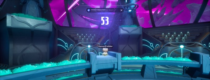 A screenshot from a video game showing a character named 'GanonFiddler' in a futuristic purple and teal sci-fi environment with the number 53 displayed prominently.