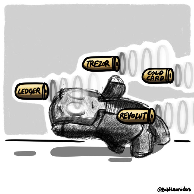 A cartoon illustration of a bulletproof car with bullet casings labeled 'LEDGER,' 'TREZOR,' 'COLD CARD,' and 'REVOLUT' bouncing off it, credited to @bobleonidas.