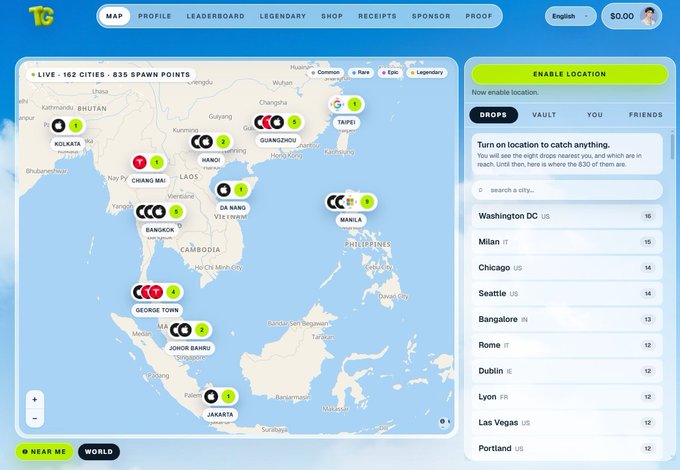 A digital map interface showing spawn points across Asia with cities like Taipei, Bangkok, Manila, and Ho Chi Minh City, featuring navigation tabs (MAP, PROFILE, LEADERBOARD, LEGENDARY, SHOP) and a drops list led by Washington DC (16) and Milan (15).