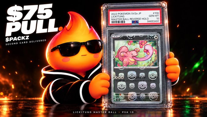 Promotional graphic featuring a flame character in sunglasses holding a PSA 10 graded 2023 Pokemon SV2a JP Lickitung Master Ball Reverse Holo card (#105), with text '$75 PULL' and 'SPACKZ SECOND CARD DELIVERED' on a fiery background.