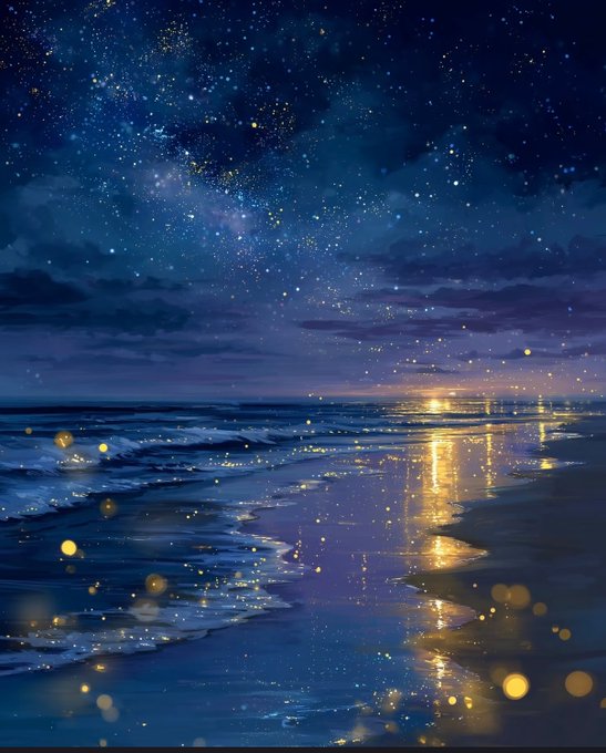 The image depicts a serene nighttime beach scene with a starry sky reflecting golden lights across the gentle waves, perfectly capturing the poetic metaphor of "星辰大海" (the sea of stars) referenced in the post as a grand, aspirational vision for BSC's goals and personal ambitions. The vast, luminous ocean under a starlit sky visually embodies the ambitious, far-reaching narrative of pursuing something immense and enduring, aligning with the post's discussion of sustainable growth despite a slow market recovery.
