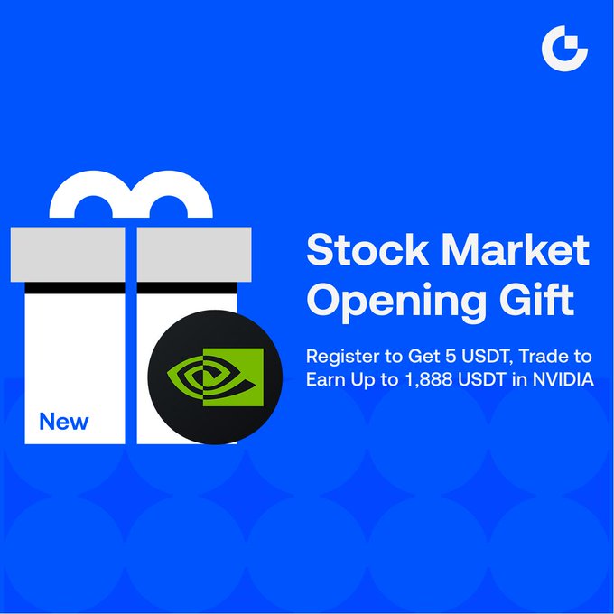 A blue promotional graphic advertises a 'Stock Market Opening Gift' with text reading 'Register to Get 5 USDT, Trade to Earn Up to 1,888 USDT in NVIDIA,' alongside an NVIDIA logo.