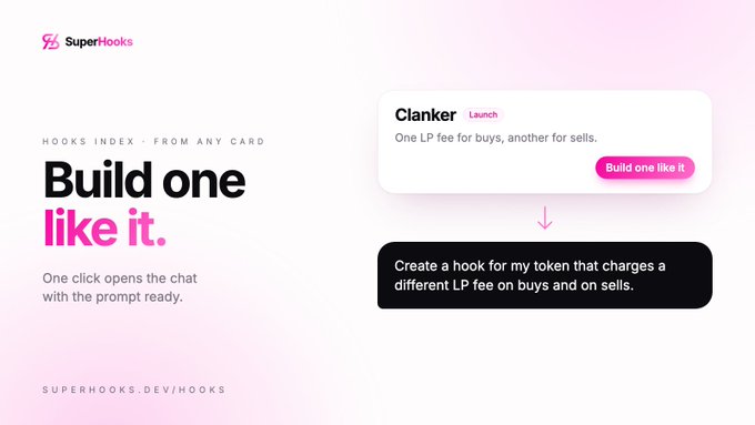A digital advertisement for SuperHooks displays the text 'Build one like it' and features a 'Clanker Launch' card, showing an example prompt to create a hook for a token with different LP fees for buys and sells.