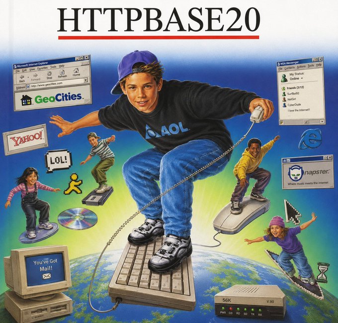 A nostalgic depiction of late 90s/early 2000s internet culture featuring a youth in an AOL shirt surfing a keyboard skateboard, surrounded by iconic retro elements like "You've Got Mail," GeoCities, Yahoo!, Napster, MSN Messenger chats, and a "56K" modem. The image illustrates $HTTPBASE20's theme of an "internet revolution," celebrating the early web era's pioneers and culture as a foundation for the movement.