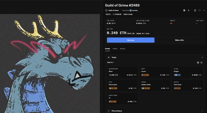 The image shows an NFT listing for "Guild of Grime #2489" priced at 0.249 ETH, featuring a blue dragon-like creature with gold horns and glowing red eyes. The Traits section reveals the character has the background "Block" (3.150%) and body "Leather," with Karma holding Rank #2 in the Guild of Grime collection, matching the celebratory post about successfully acquiring this rare Rank 2 NFT.