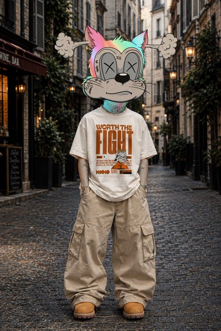 A streetwear-styled anthropomorphic cat character with X-shaped eyes and rainbow hair wears a t-shirt reading 'WORTH THE FIGHT' on a cobblestone street.