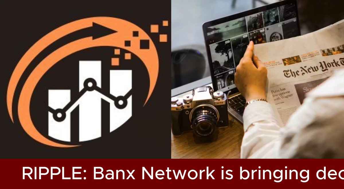 The main focus of the image is a hand reaching for a laptop screen while holding a magazine. The person seems to be reading or using their laptop, which has an advertisement in the top left corner related to Ripple cryptocurrency. The background of the image features a gray-colored design with the text "Ripple::Bankx Network is bringing De...". The words "decrypt" and "banks" are also visible within this part of the image.