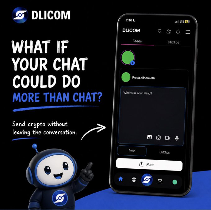 A promotional graphic for 'DLICOM' features a mascot and a smartphone app interface, with the tagline 'WHAT IF YOUR CHAT COULD DO MORE THAN CHAT?' and the feature 'Send crypto without leaving the conversation.'