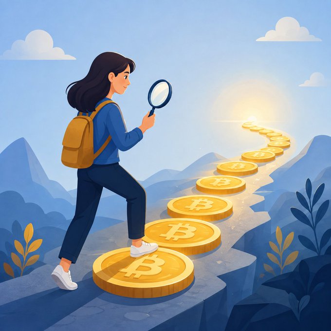 A young woman with a backpack and magnifying glass carefully steps across giant gold Bitcoin coins along a winding cliffside path toward a glowing horizon, symbolizing the careful, researched approach to entering Bitcoin's fixed-supply market. The "₿" symbols on each coin reinforce the post's message about Bitcoin's scarcity, with only 21 million ever to exist.