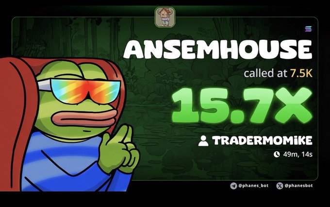 A cartoon graphic featuring a Pepe the Frog character in sunglasses and a red hoodie, with text reading 'ANSEMHOUSE called at 7.5K', '15.7X', and 'TRADERMOMIKE', along with social media handles '@phanes_bot'.