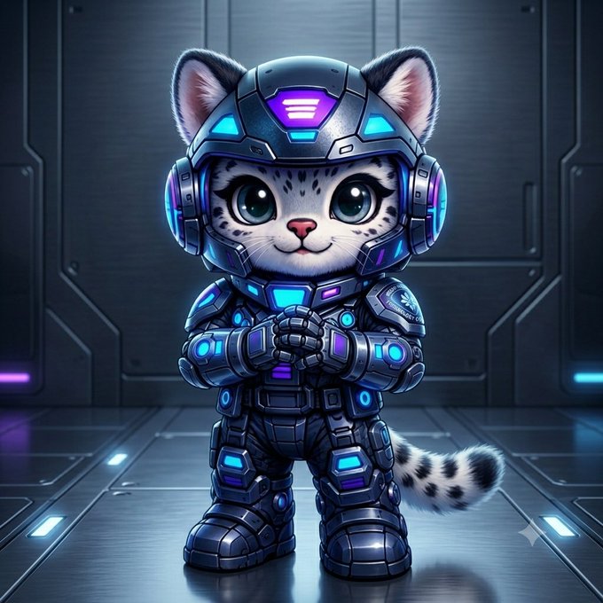 A cute chibi-style snow leopard in futuristic blue and purple robotic armor, standing with hands clasped against a metallic sci-fi background.