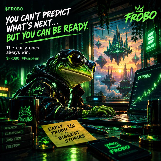 A neon-green Frog-themed crypto advertisement shows an armored frog at a trading desk with text including “YOU CAN’T PREDICT WHAT’S NEXT... BUT YOU CAN BE READY,” “$FROBO,” “The early ones always win,” and “$FROBO #PumpFun.”