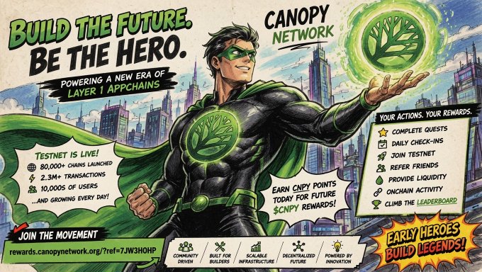 The image features an advertisement for a project called @CNPYNetwork Network, which aims to build a new generation of infrastructure that allows anyone to launch custom Layer 1 blockchains with minimal friction. The poster includes a cartoon superhero holding a green tree in his hand and the text "Build the future. Be the hero." This suggests that the project is focused on innovation and progress, just like the superhero depicted in the image.