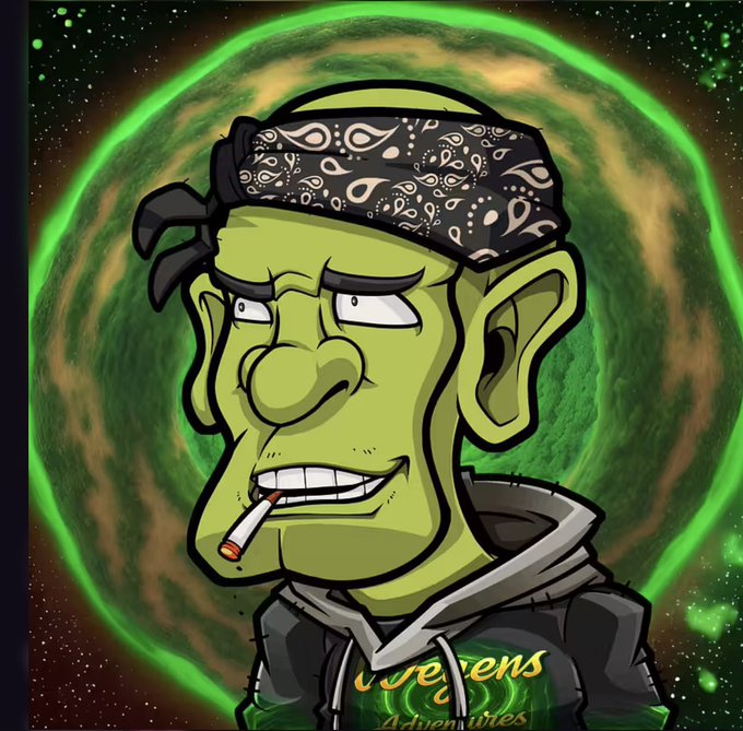 The image features a cartoon character wearing a bandana and a hoodie, holding a cigarette and smiling at the camera. The background of the image is green with a large circle or spiral pattern surrounding the character. The caption below the image reads "@WegenNFT fam! No other way than green Huge shoutout to @LeHonDrO_SoL for the generosity and support ... truly appreciated!".