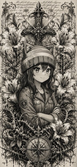Detailed black-and-white manga-style illustration of an anime girl wearing a beanie with cat ears, surrounded by lilies, a cross, thorns, and a compass, with gothic lettering at the top.