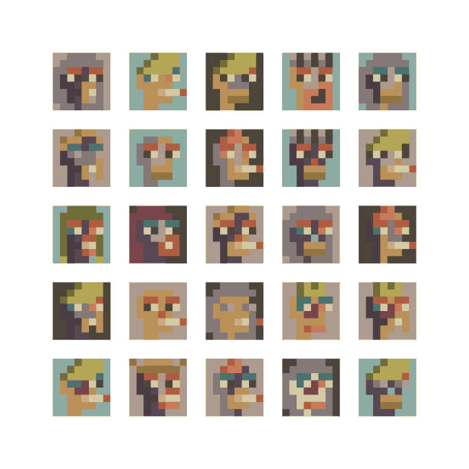 A 5x5 grid of pixel art portraits, each featuring unique character designs with varying color palettes, hairstyles, and facial expressions, all sharing a consistent low-resolution blocky aesthetic. These stylized, procedurally-generated faces represent the NFT collection "8x8PORTRAIT" announced in the post as the first fully on-chain generative NFT collection.