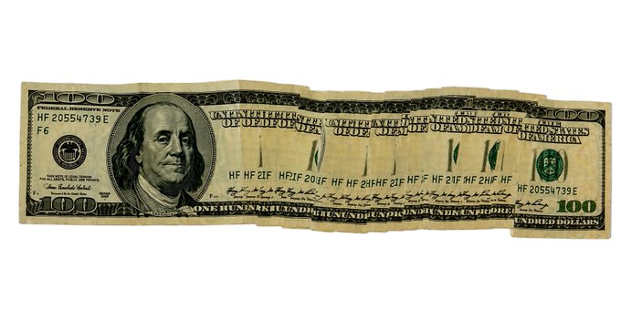 A worn $100 US bill featuring Benjamin Franklin, with serial number HF 20554739 E, and the word "HUNDRED" repeated along its edges.