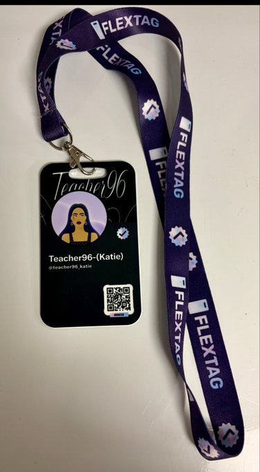 A purple 'FLEXTAG' branded lanyard holding an ID badge for 'Teacher96-(Katie)' with a cartoon avatar and QR code on a white background.