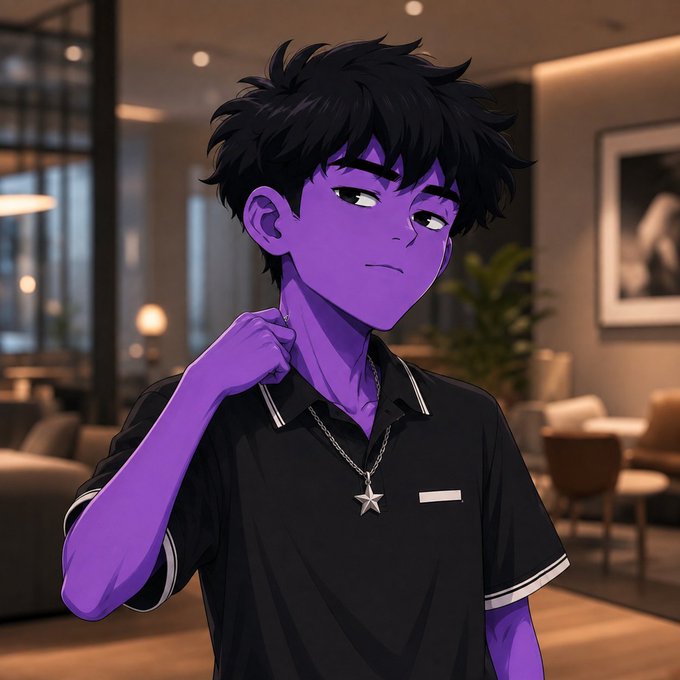 An anime-style illustration of a purple-skinned young man with black hair wearing a black polo shirt and a star pendant, standing in a modern lounge.