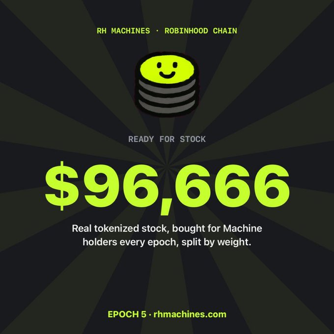 A dark promotional graphic for "RH MACHINES · ROBINHOOD CHAIN" featuring a smiley-face coin stack and "$96,666" in large yellow text, labeled "READY FOR STOCK · EPOCH 5 · rhmachines.com".