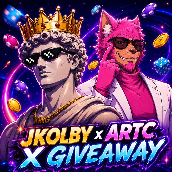 The image features two cartoon characters, one wearing sunglasses and a crown, and the other wearing a pink shirt with sunglasses. They are standing next to each other against a blue background that has neon lights and stars. The text "jKolby X Giveaway" is written in white letters at the bottom of the image, and it appears to be promoting an event or giveaway related to the characters' appearances on social media platforms.