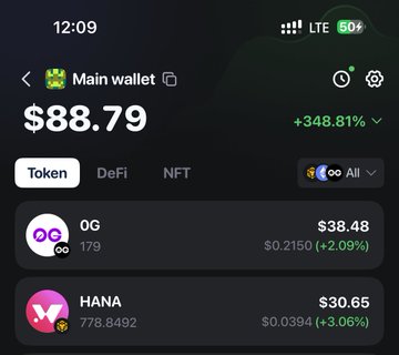 A screenshot of a crypto wallet's "Main wallet" showing a balance of $88.79 (+348.81%), displaying token holdings of OG ($38.48) and HANA ($30.65), which illustrates the post's message about randomly discovering 0G tokens in an old wallet and claiming vested HANA tokens to fund YouTube tools.