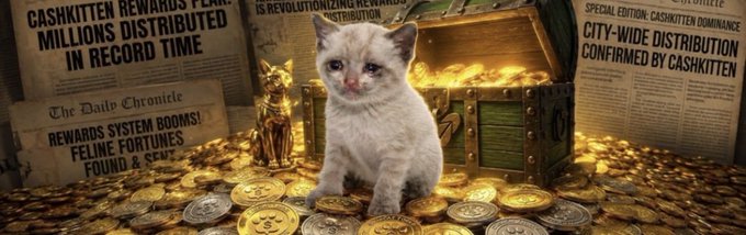 A promotional image featuring a fluffy kitten sitting on a pile of gold coins beside an open treasure chest, surrounded by fake newspaper headlines reading 'CASHKITTEN REWARDS FEAR MILLIONS DISTRIBUTED IN RECORD TIME', 'REWARDS SYSTEM BOOMS! FELINE FORTUNES FOUND', and 'CITY-WIDE DISTRIBUTION CONFIRMED BY CASHKITTEN'.