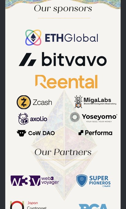 A promotional graphic displays logos under the headings 'Our sponsors' (including ETHGlobal, bitvavo, Reental, Zcash, MigaLabs, axol.io, Yoseyomo, CoW DAO, Performa) and 'Our Partners' (including web3 voyager and SUPER PIONEROS PLD).