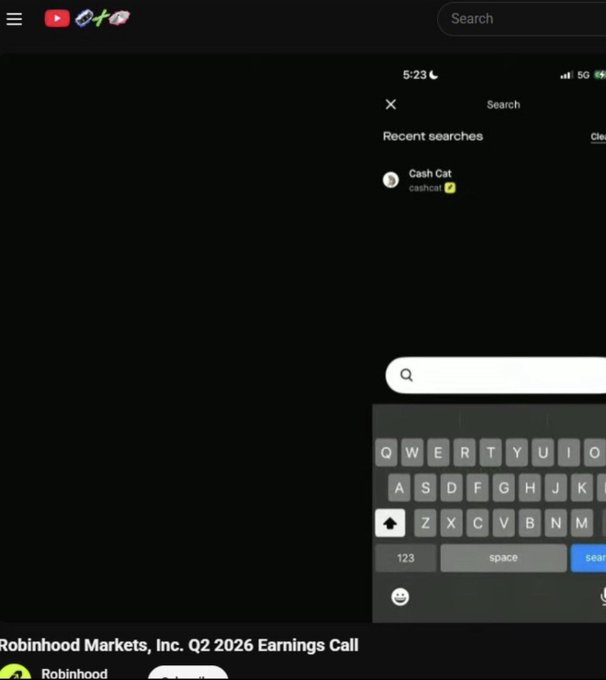 The image shows a search result for "Cash Cat" on presumably Robinhood's platform, aligning with the claim that "$CASHCAT" was mentioned in Robinhood's Q2 2026 earnings call.
