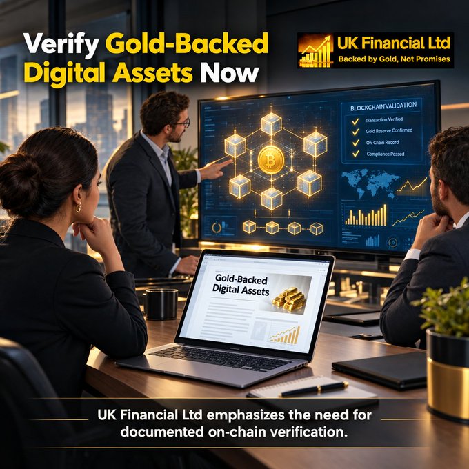 A UK Financial Ltd ad (tagline 'Backed by Gold, Not Promises') shows business professionals reviewing 'Gold-Backed Digital Assets' on a laptop and a large screen displaying blockchain validation analytics, emphasizing 'documented on-chain verification.'