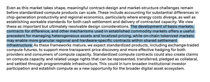 A highlighted passage of text discussing challenges in compute market contracts, with blue highlighting over text about basis markets, difference contracts, and on-chain tokenized markets.