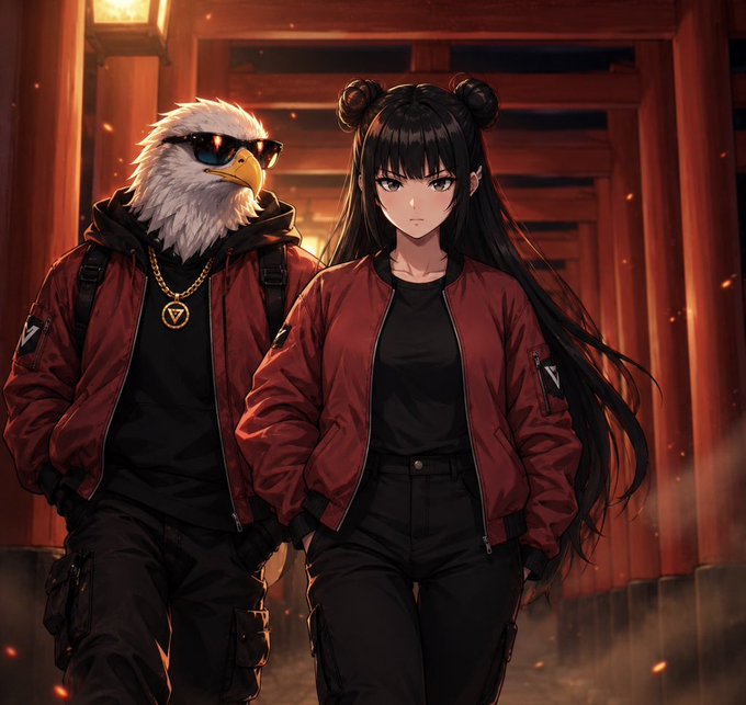 An anime-style illustration of a young woman with long dark hair and space buns standing next to an anthropomorphic bald eagle wearing sunglasses; both wear matching red jackets.