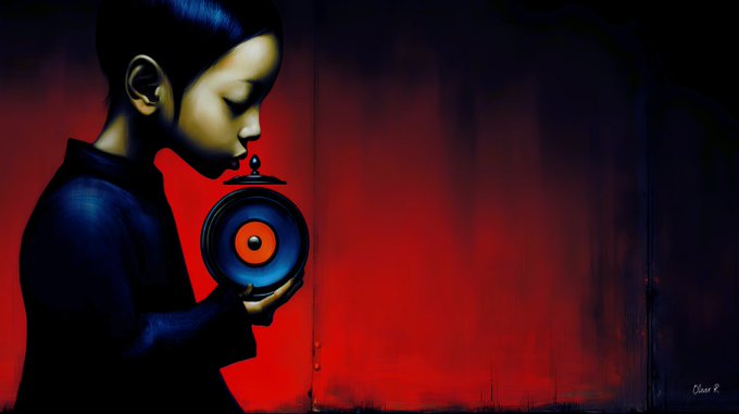 A moody painting of a blue-skinned figure in profile holding a speaker, set against a deep red background.
