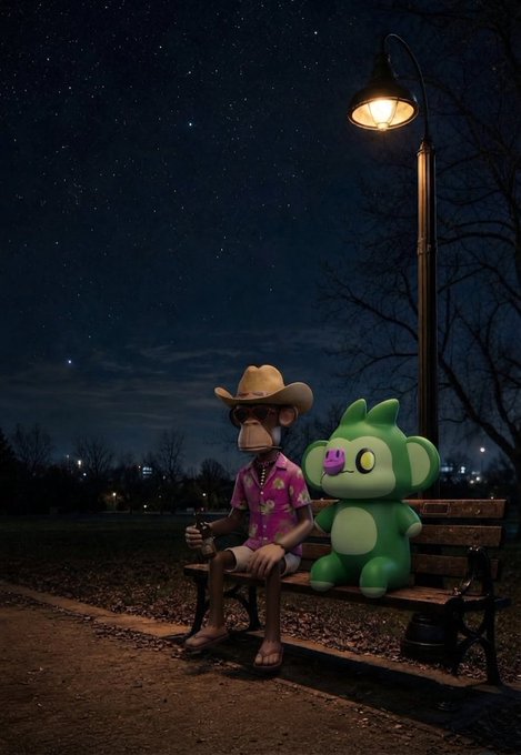 A digital artwork of a Bored Ape-style character wearing a cowboy hat and Hawaiian shirt sitting on a park bench at night next to a green mascot figure under a glowing street lamp beneath a starry sky.