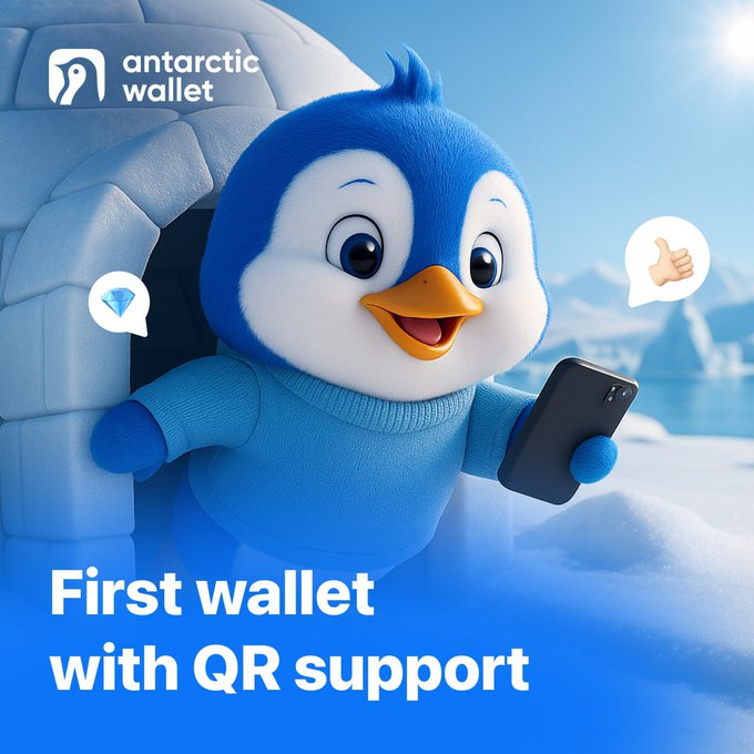 An advertisement for 'Antarctic Wallet' featuring a cartoon penguin holding a smartphone next to an igloo, with the tagline 'First wallet with QR support'.